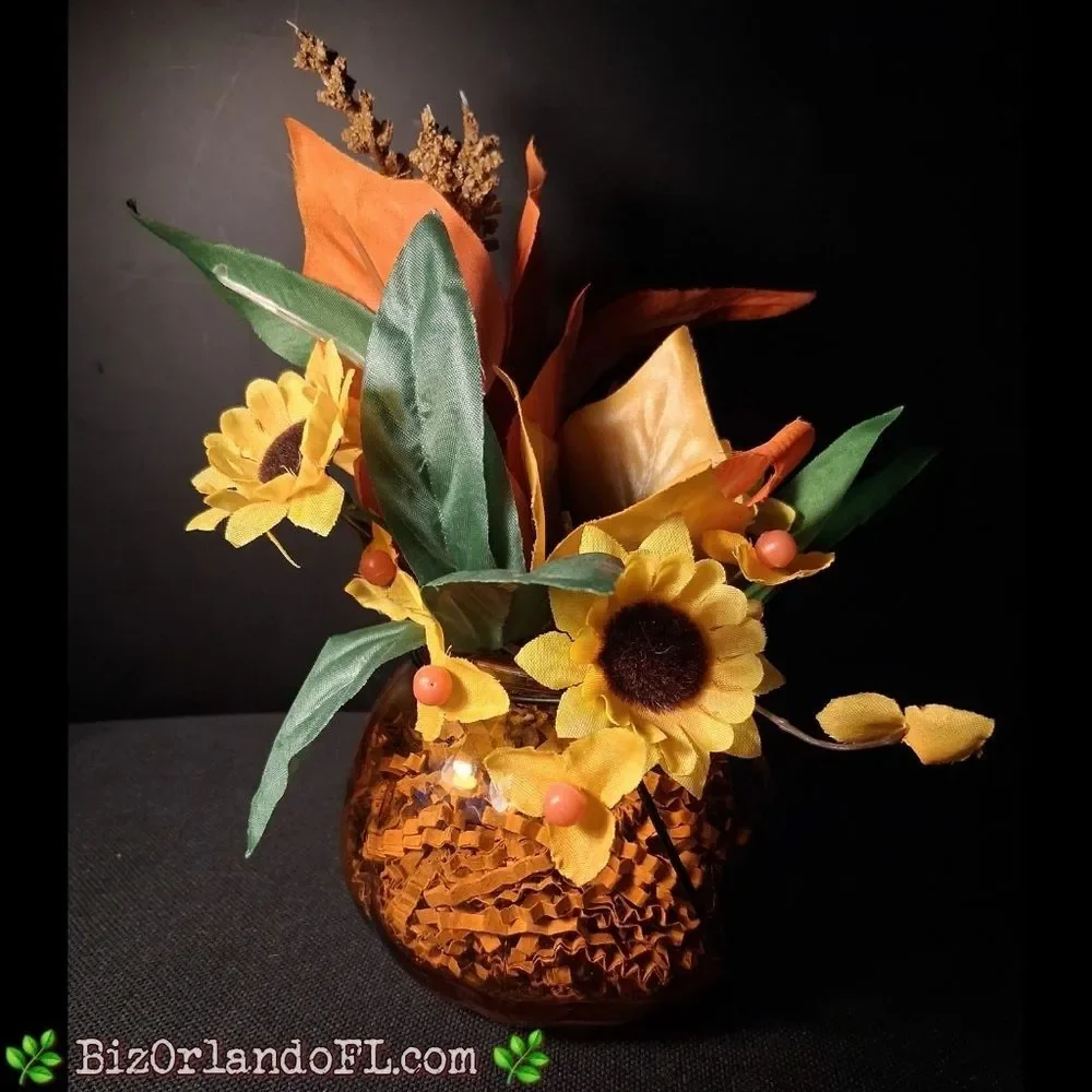 VINTAGE: Autumn Pumpkin Glass Vase with Floral Arrangement